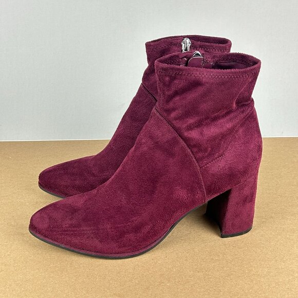 Marc Fisher Dyvine Faux Suede Heeled Booties Womens 10 Maroon Red Side Zip - Picture 1 of 11